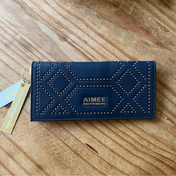 Aimee Kestenberg 100% Genuine Leather Wallet Navy Blue Studded NWT - Picture 3 of 10